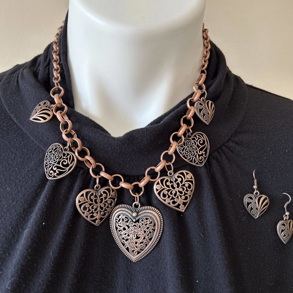 Necklace Earring Set Heart Statement Jewelry Adjustable Copper Beauty Accessory - Picture 8 of 11